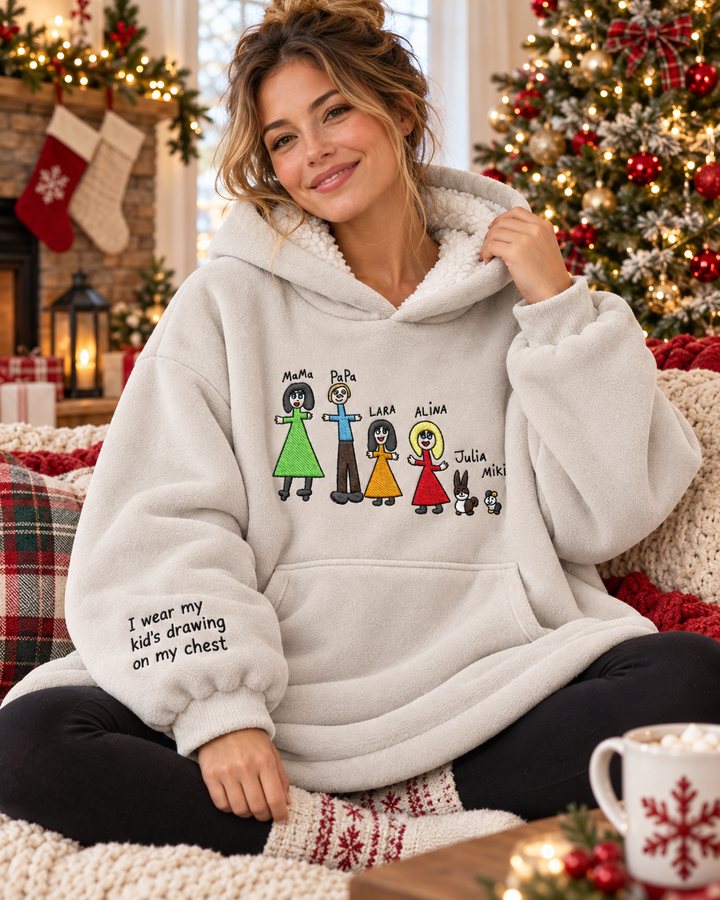 I Wear My Kid's Drawing On My Chest Embroidered Bamboo Blanket Hoodie