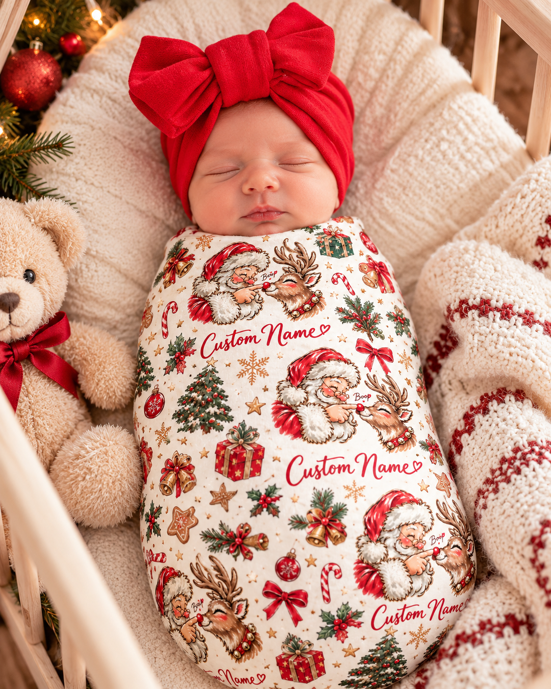 Custom Name Santa And Reindeer Bamboo Swaddle Blanket