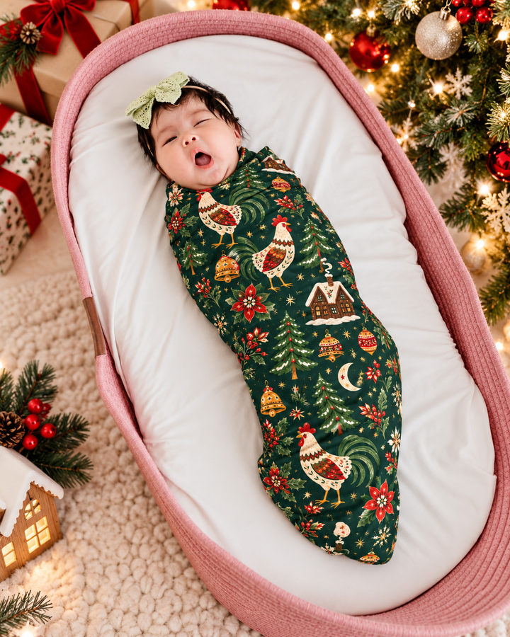Folk Christmas Chicken Bamboo Swaddle Blanket