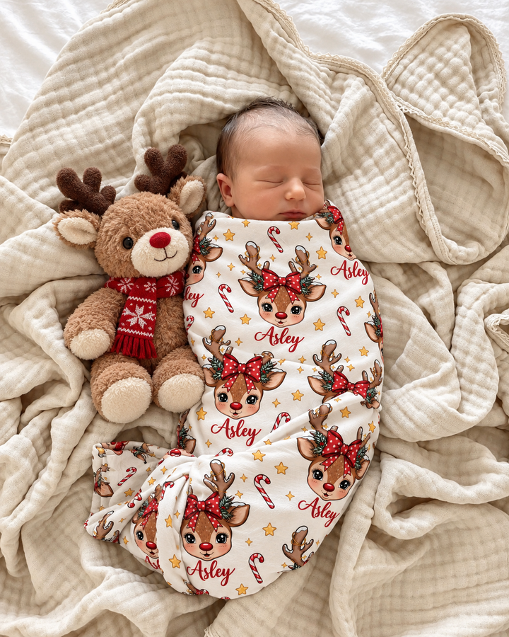 Custom Name Christmas Bow Reindeer Bamboo Swaddle Blanket