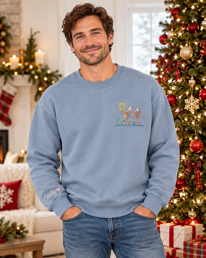 Personalized Kid's Drawing Embroidered Bamboo Men Crewneck Sweatshirt