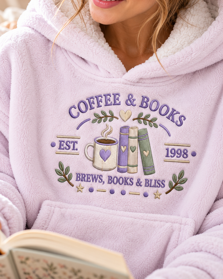 Just Coffee And Books Embroidered Blanket Hoodie