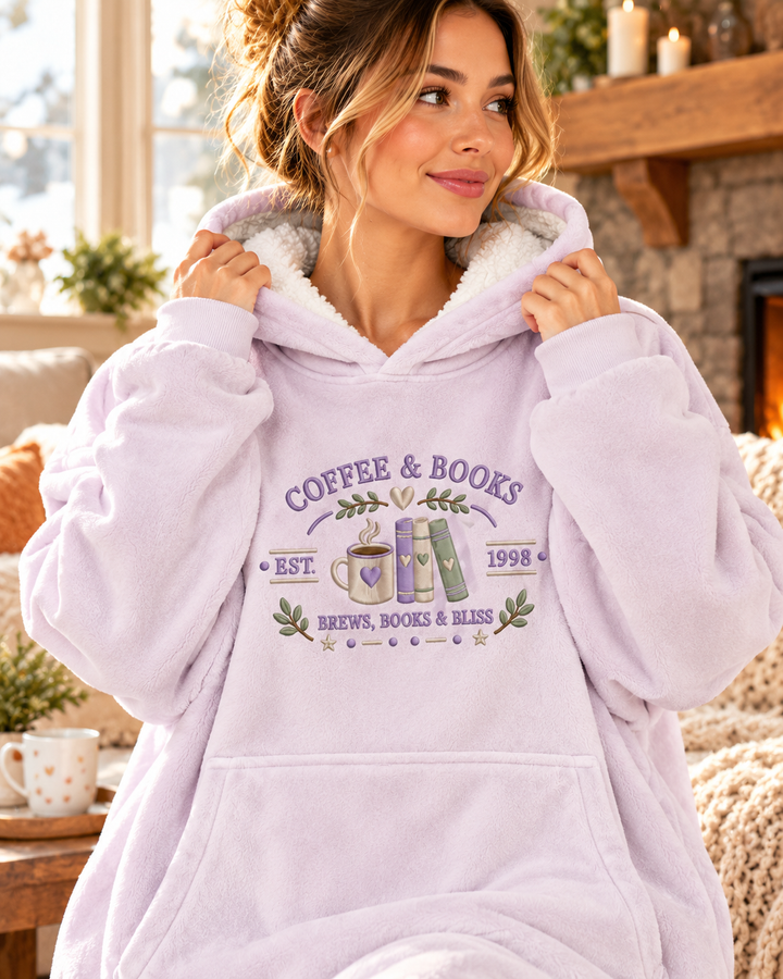 Just Coffee And Books Embroidered Blanket Hoodie