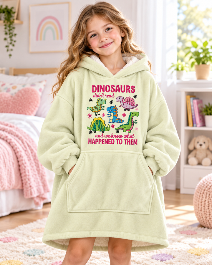 Funny Dino Reading Book Embroidered Bamboo Blanket Hoodie