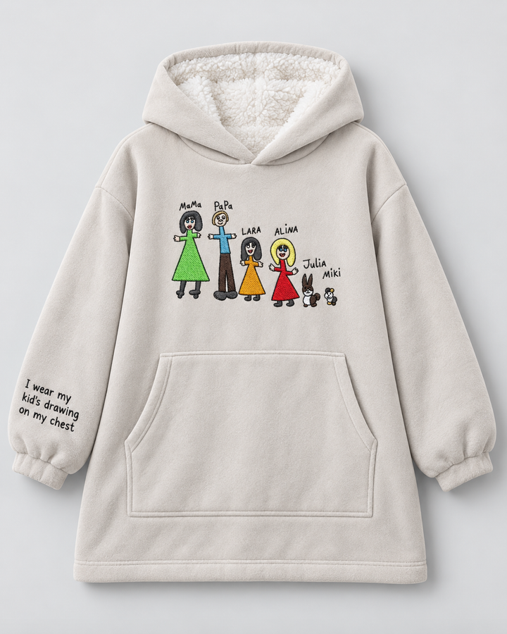 I Wear My Kid's Drawing On My Chest Embroidered Bamboo Blanket Hoodie