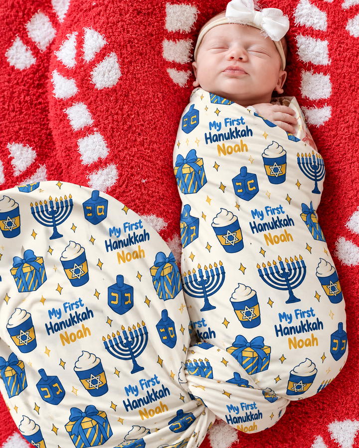 Custom Name Cozy First Hanukkah Bamboo Swaddle Blanket