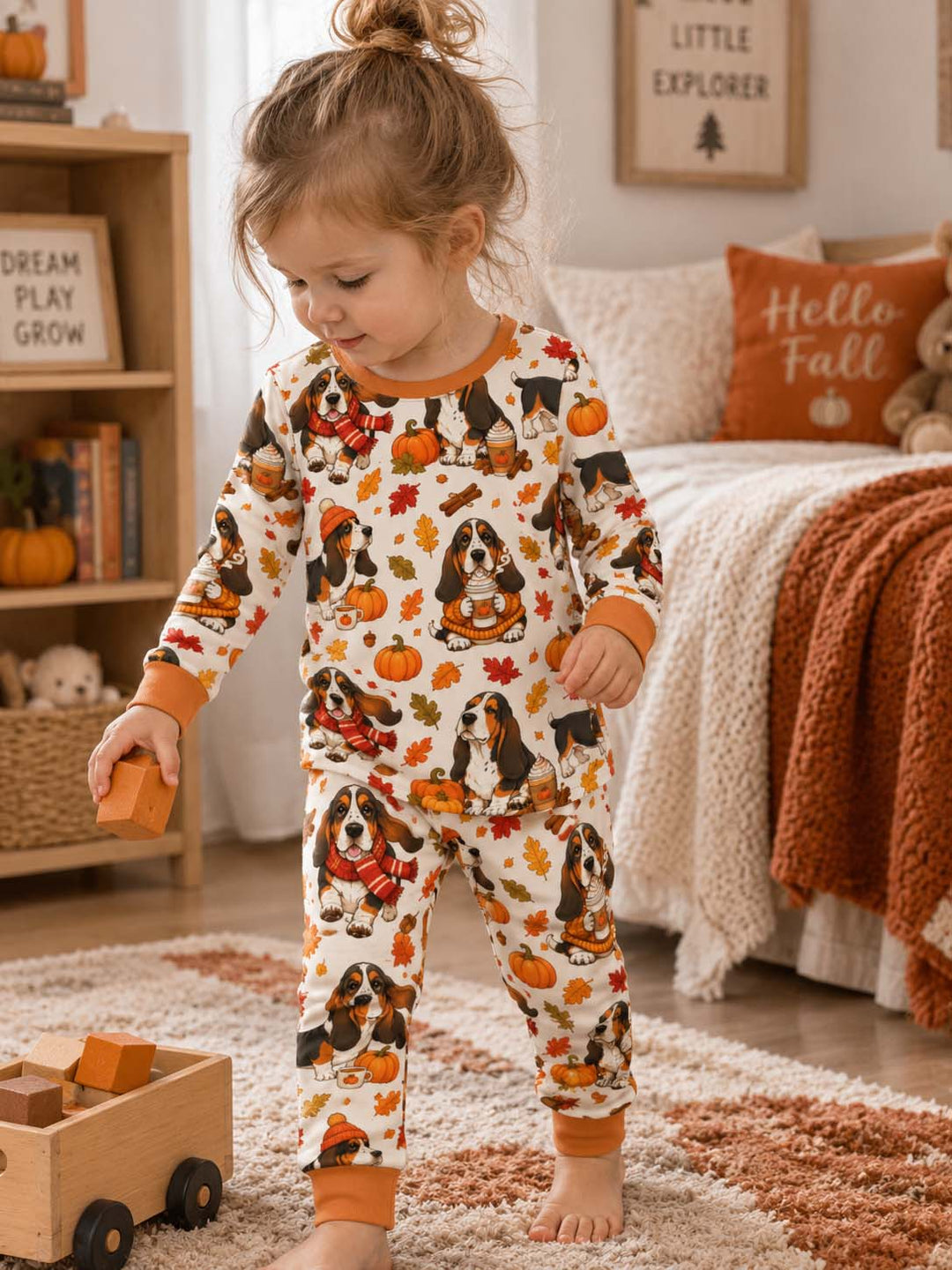 Cozy Autumn Basset Hounds Bamboo Two Piece Long Sleeve Pajama Set