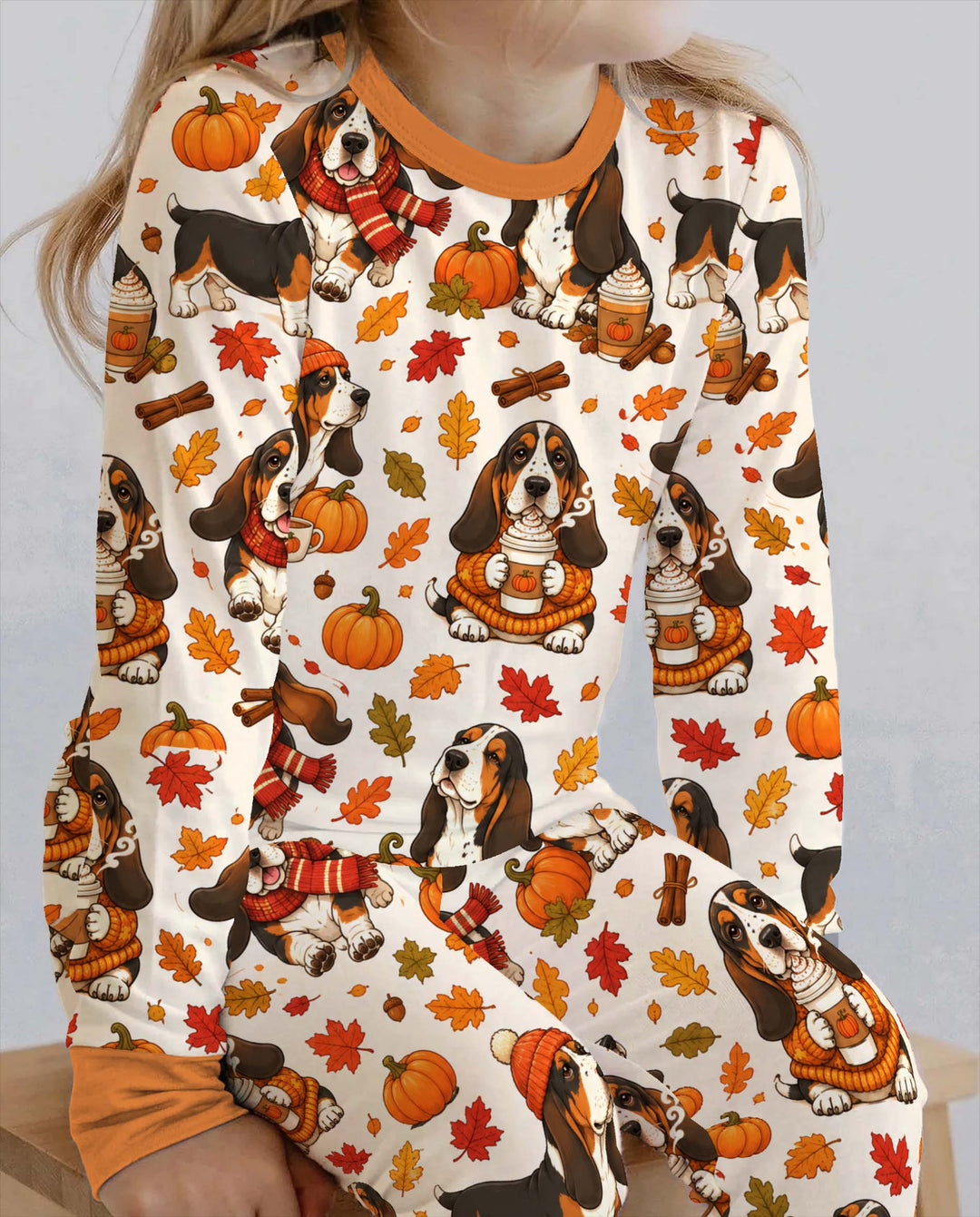 Cozy Autumn Basset Hounds Bamboo Two Piece Long Sleeve Pajama Set