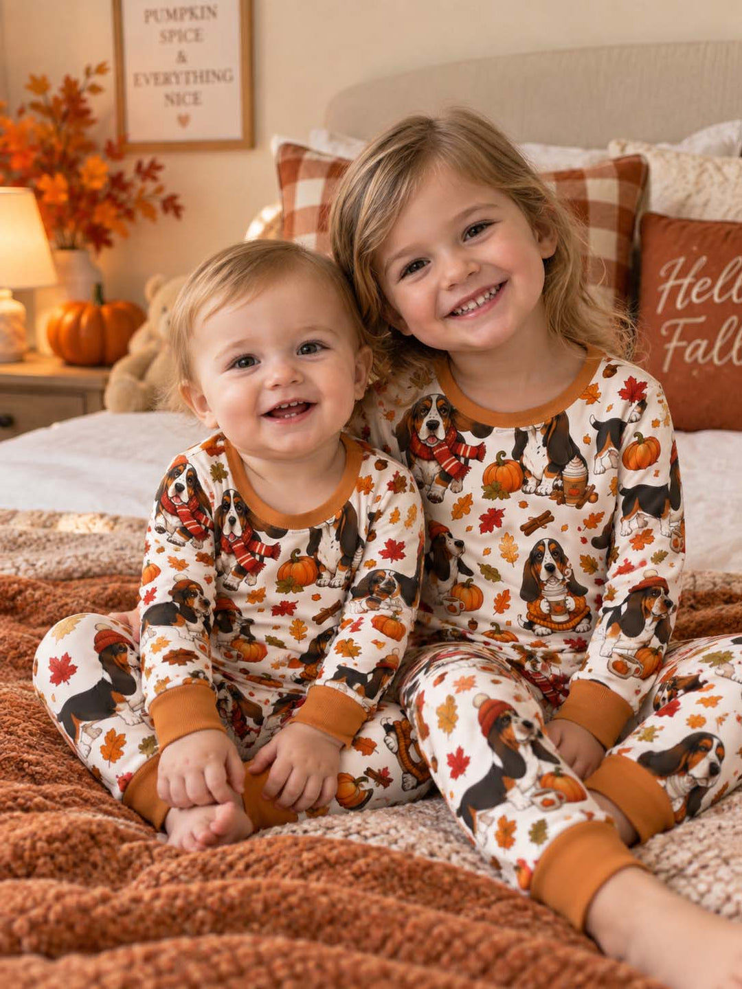Cozy Autumn Basset Hounds Bamboo Two Piece Long Sleeve Pajama Set