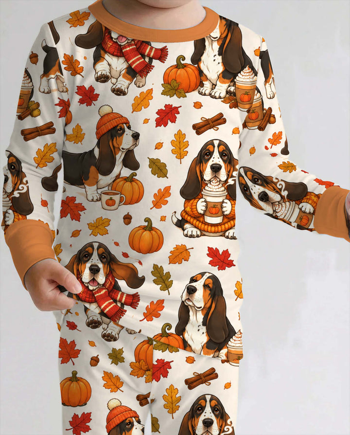 Cozy Autumn Basset Hounds Bamboo Two Piece Long Sleeve Pajama Set