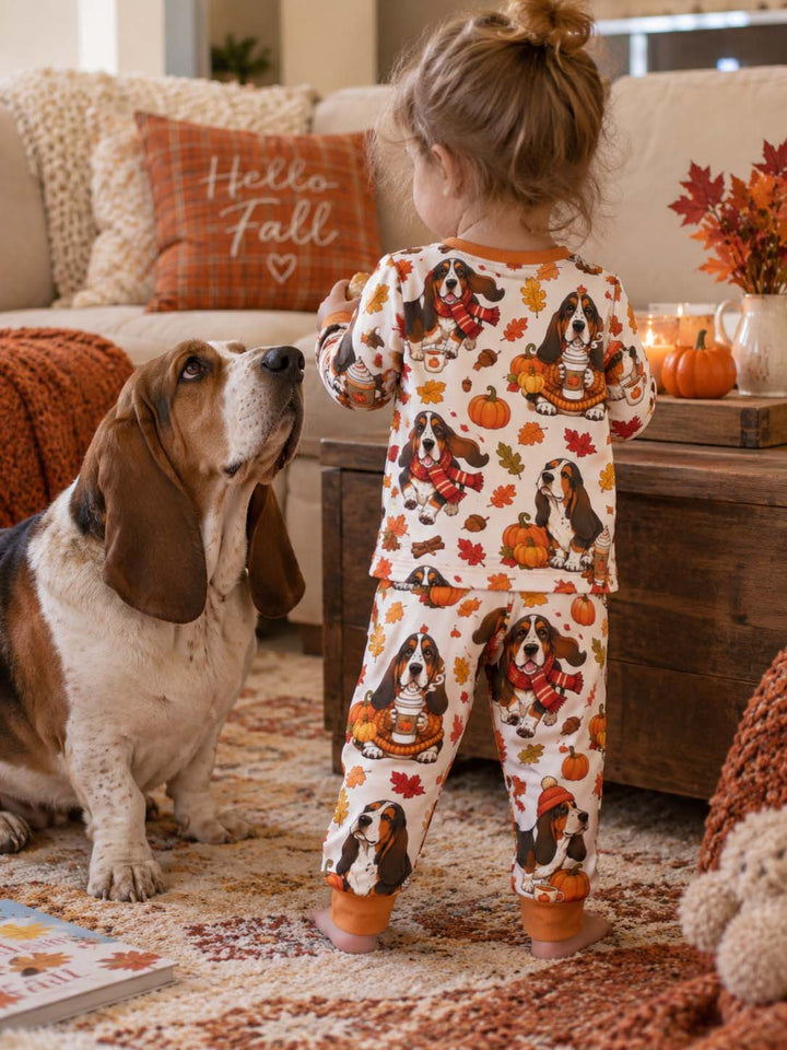 Cozy Autumn Basset Hounds Bamboo Two Piece Long Sleeve Pajama Set