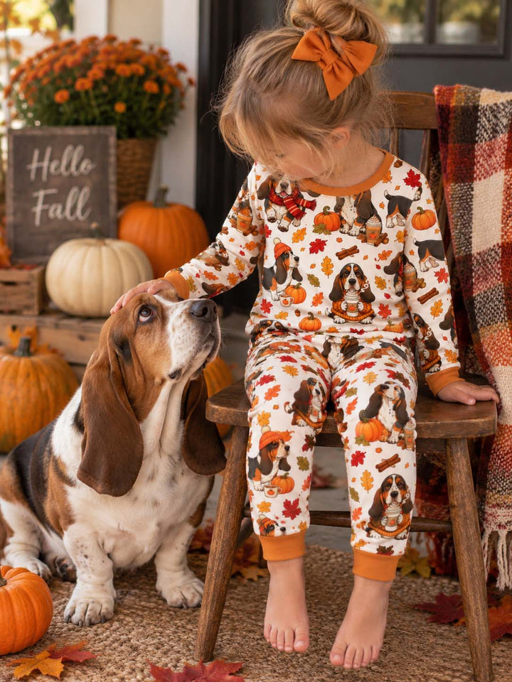 Cozy Autumn Basset Hounds Bamboo Two Piece Long Sleeve Pajama Set