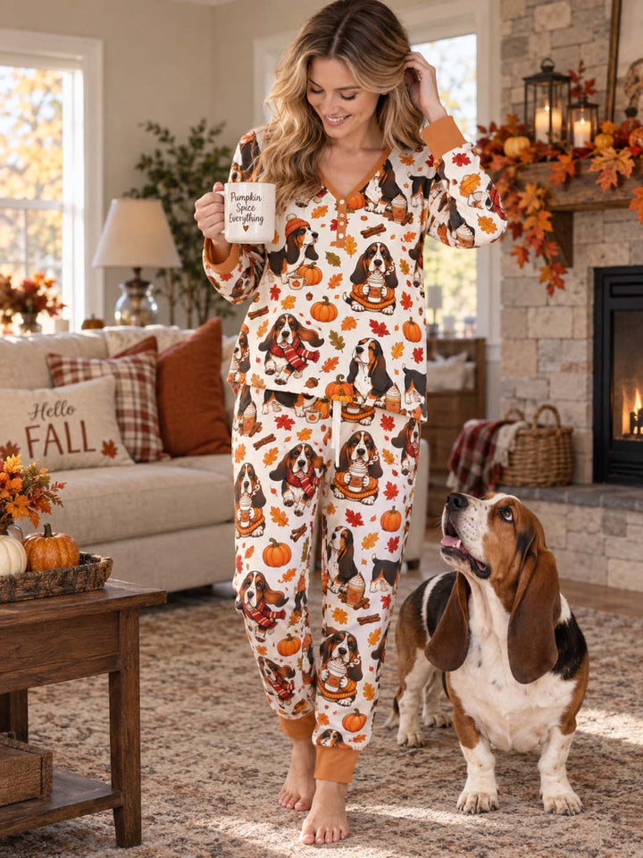 Cozy Autumn Basset Hounds Bamboo Women Pajama Set