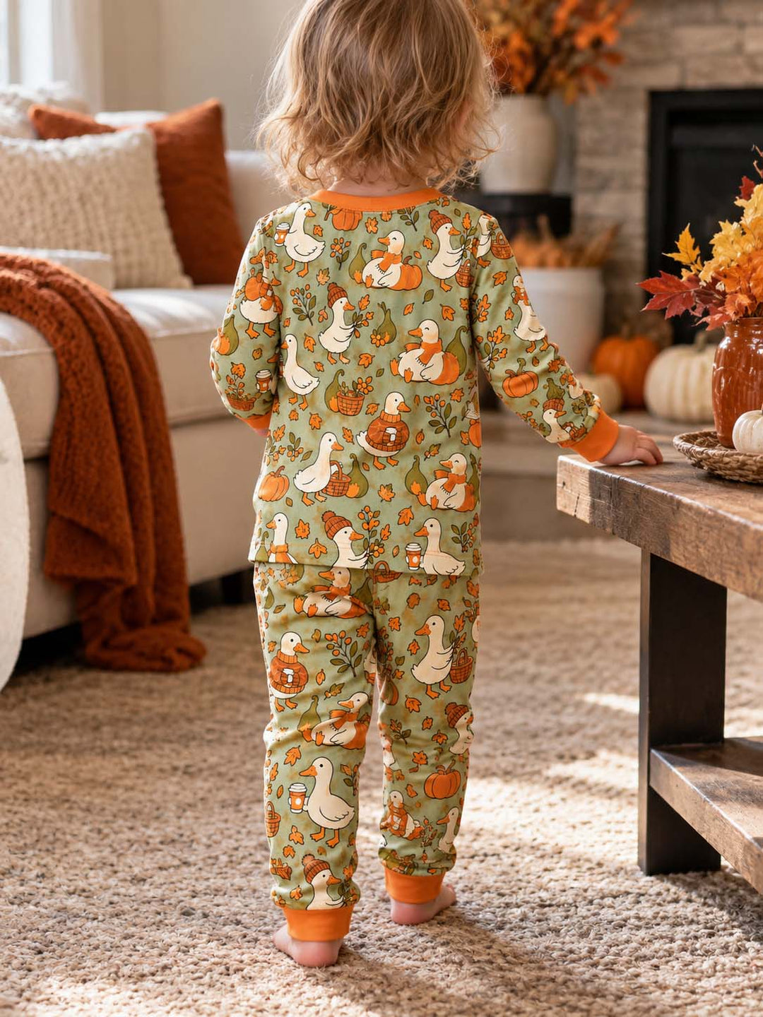 Cozy Autumn Goose Pumpkin Patch Bamboo Two Piece Long Sleeve Pajama Set