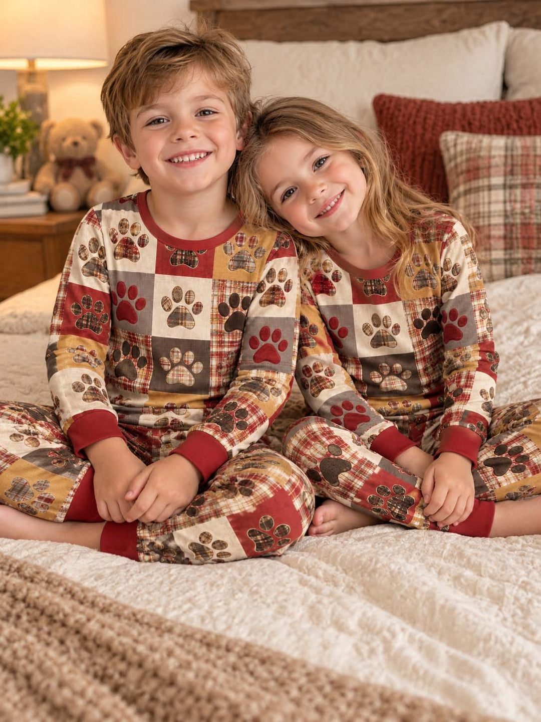 Cozy Autumn Plaid Paw Patchwork Bamboo Two Piece Long Sleeve Pajama Set