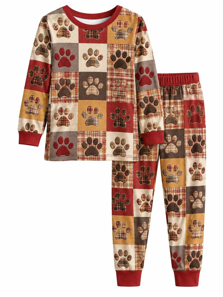 Cozy Autumn Plaid Paw Patchwork Bamboo Two Piece Long Sleeve Pajama Set