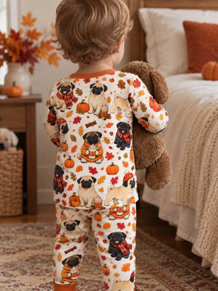 Cozy Autumn Pug Pumpkin Spice Bamboo Two Piece Long Sleeve Pajama Set
