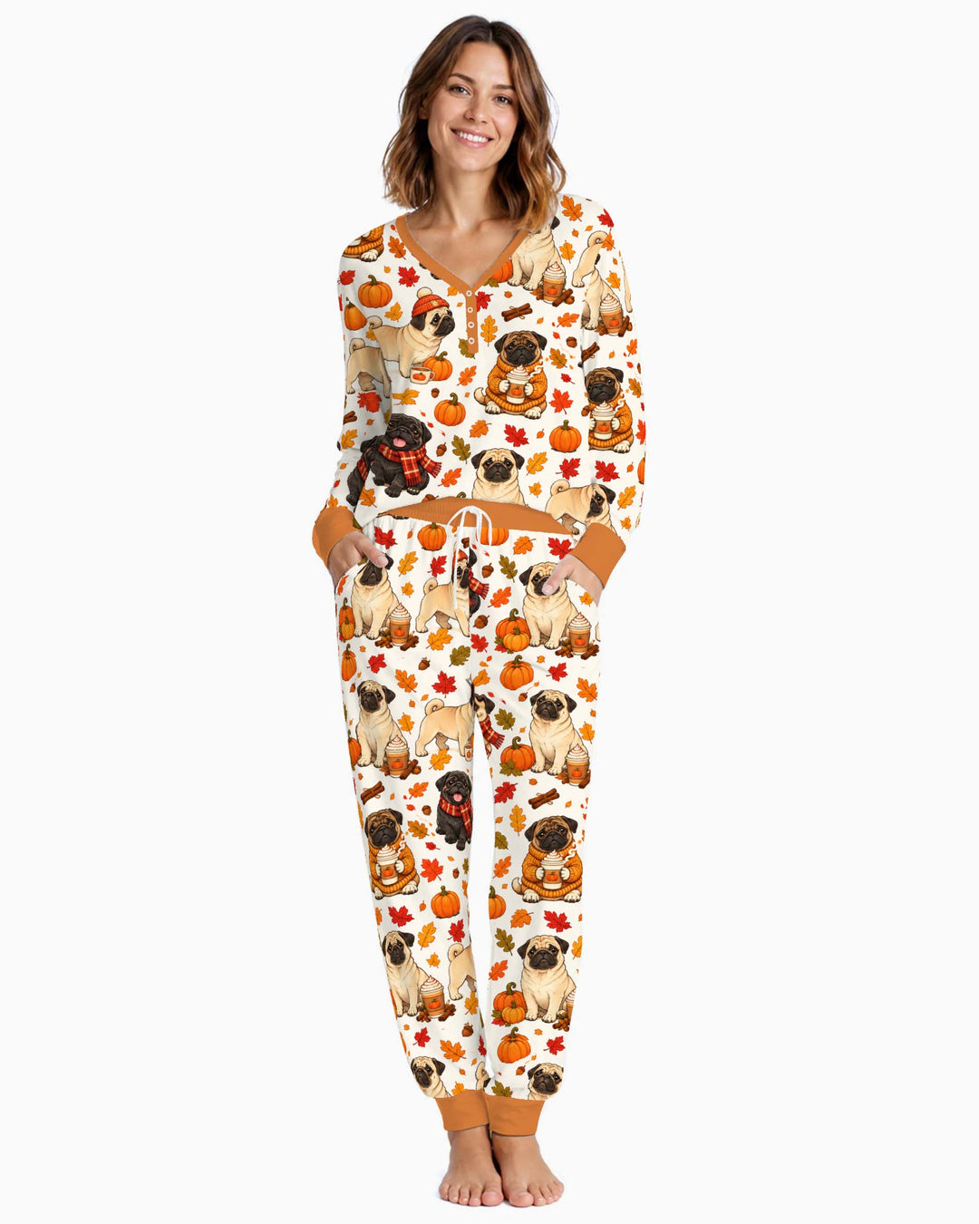 Cozy Autumn Pug Pumpkin Spice Bamboo Women Pajama Set