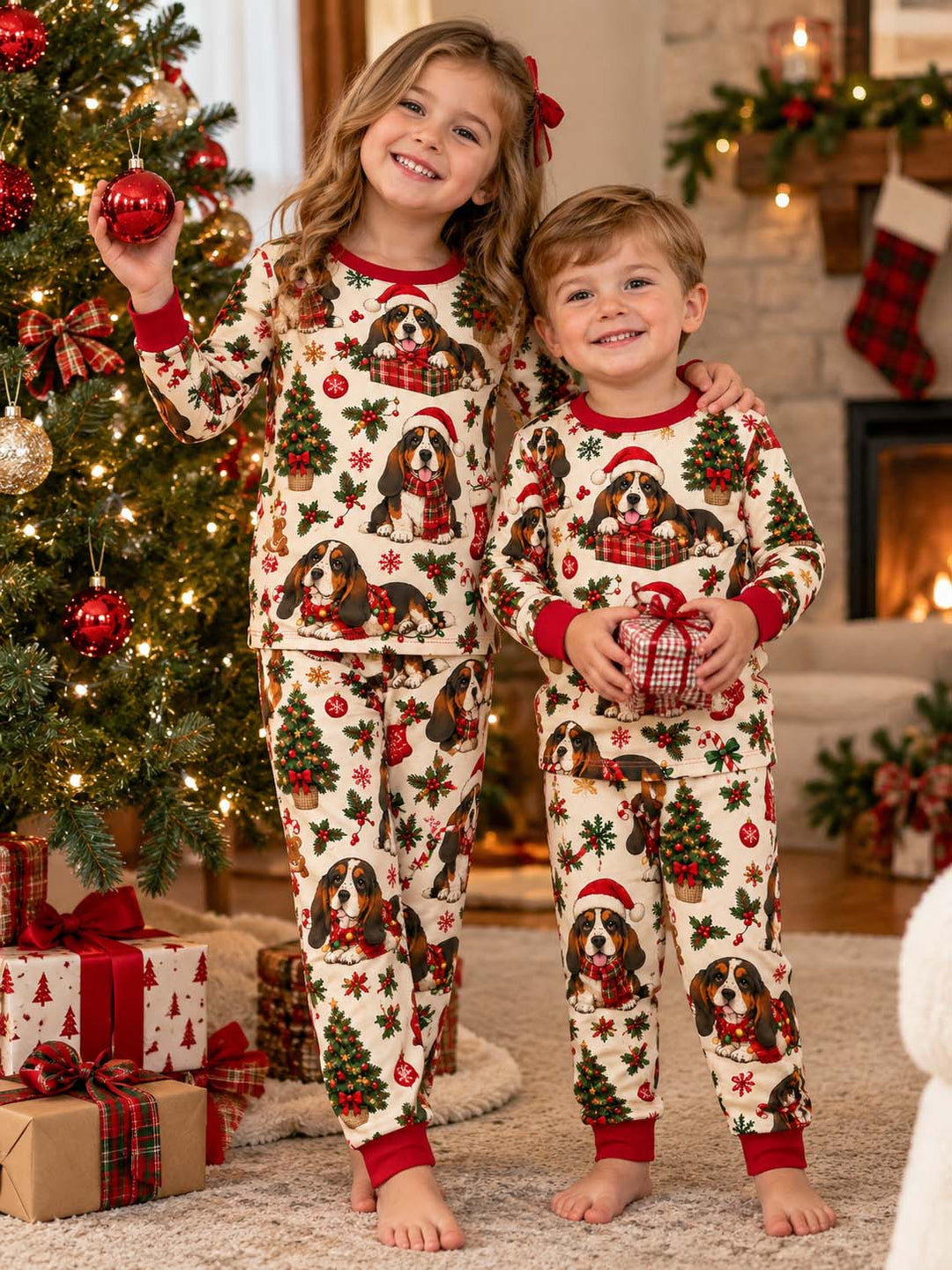 Cozy Basset Hound Christmas Bamboo Two Piece Long Sleeve Pajama Set