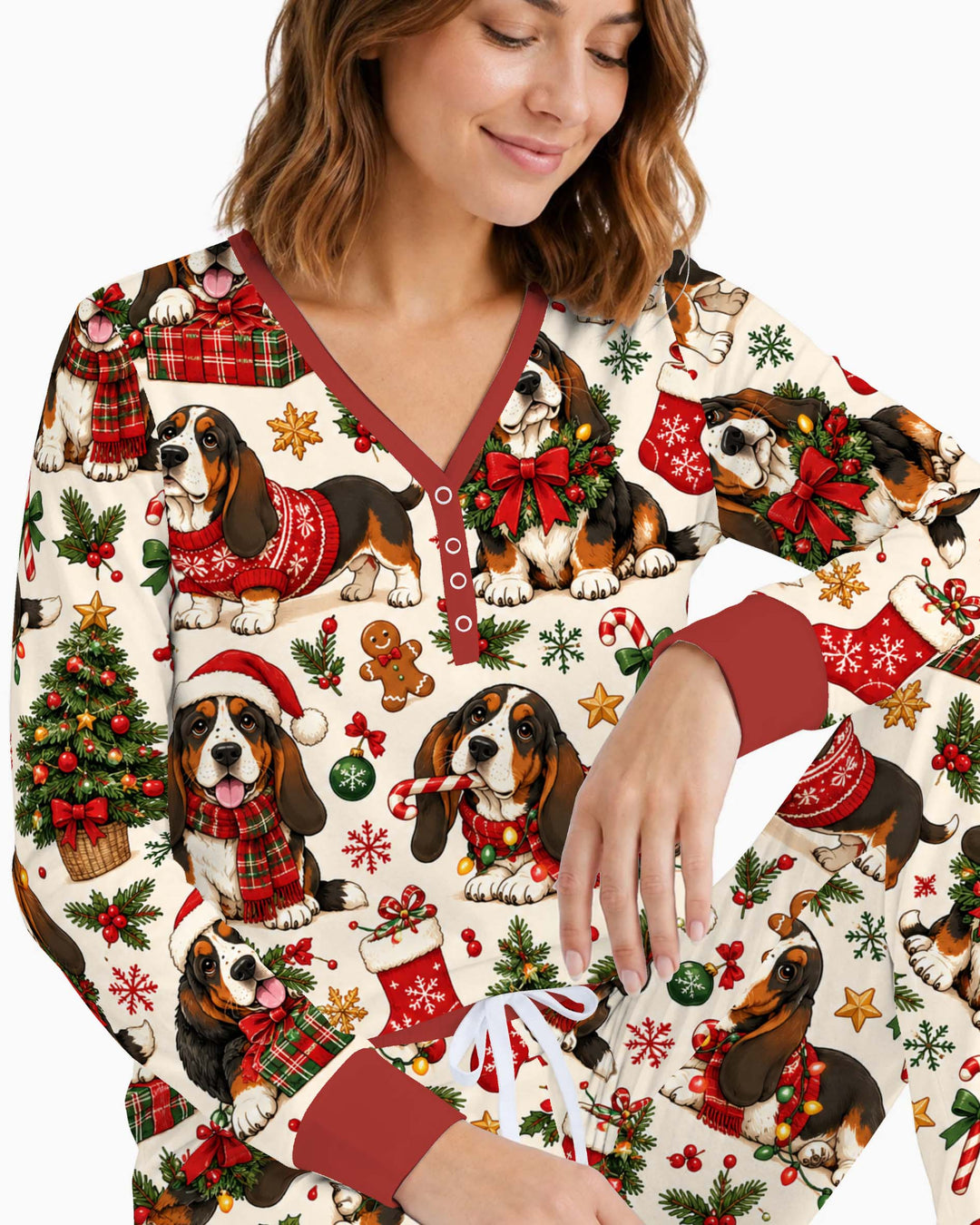 Cozy Basset Hound Christmas Bamboo Women Pajama Set