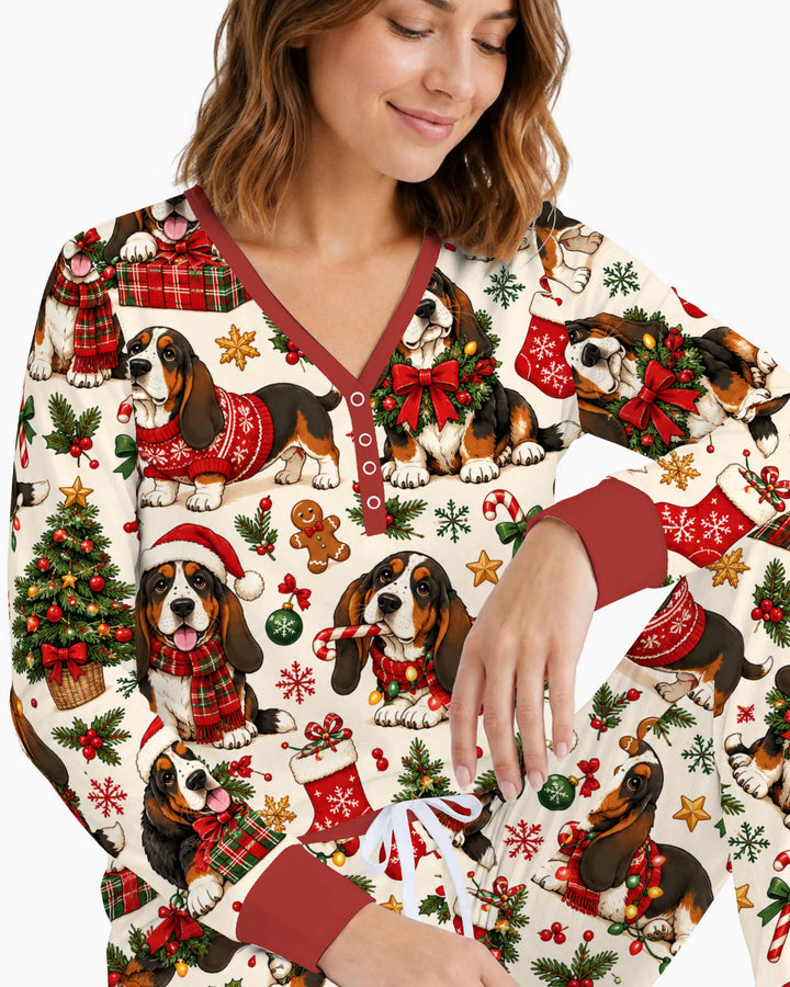 Cozy Basset Hound Christmas Bamboo Women Pajama Set