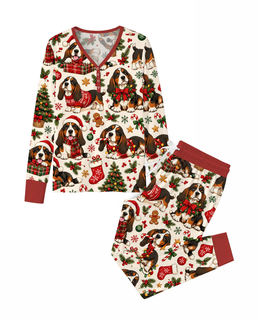Cozy Basset Hound Christmas Bamboo Women Pajama Set