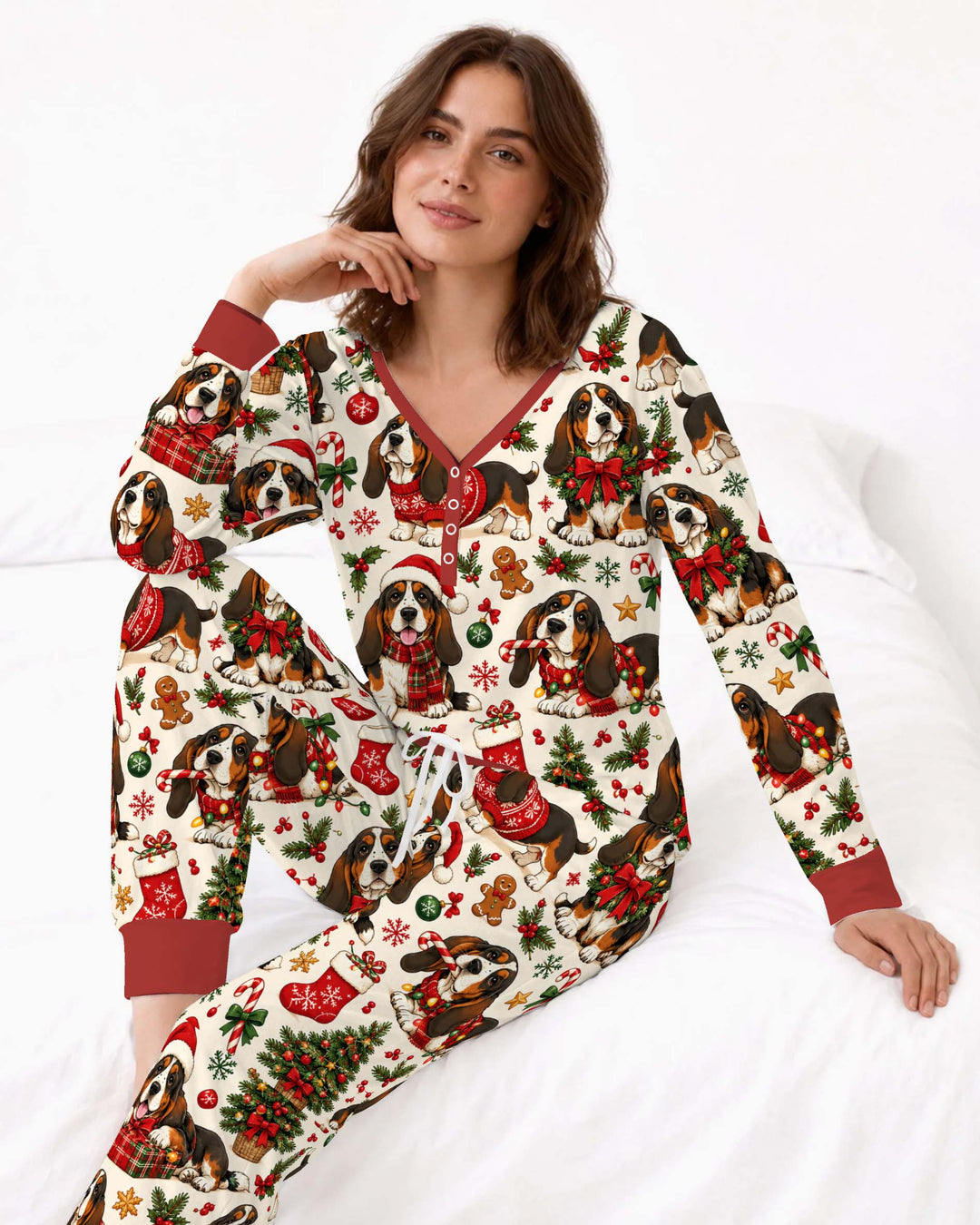 Cozy Basset Hound Christmas Bamboo Women Pajama Set