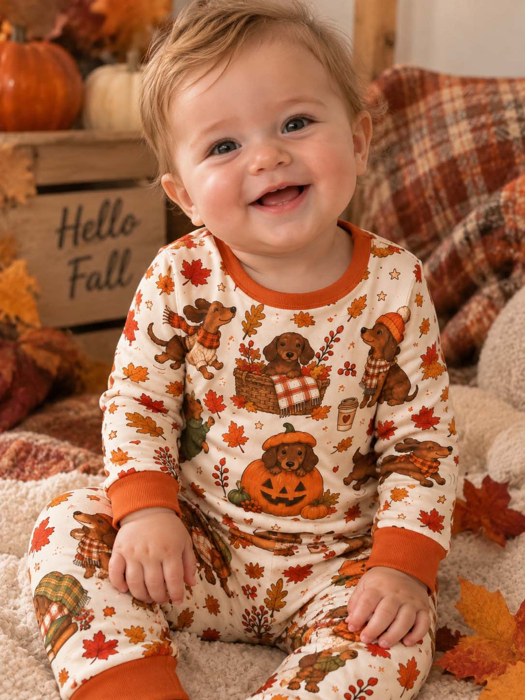 Cozy Dachshund Fall Adventures Bamboo Two Piece Long Sleeve Pajama Set