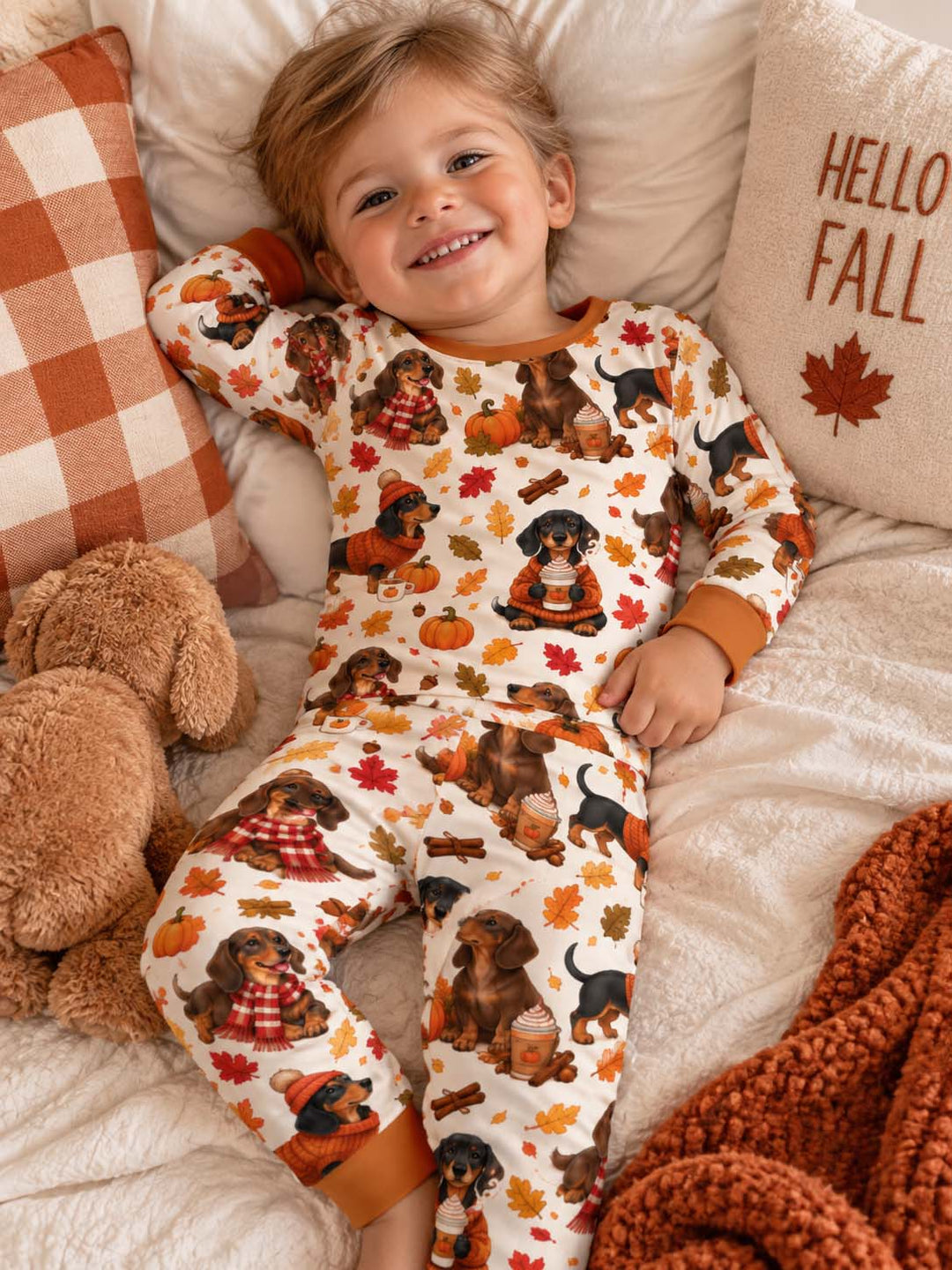 Cozy Dachshund Pumpkin Spice Fall Bamboo Two Piece Long Sleeve Pajama Set
