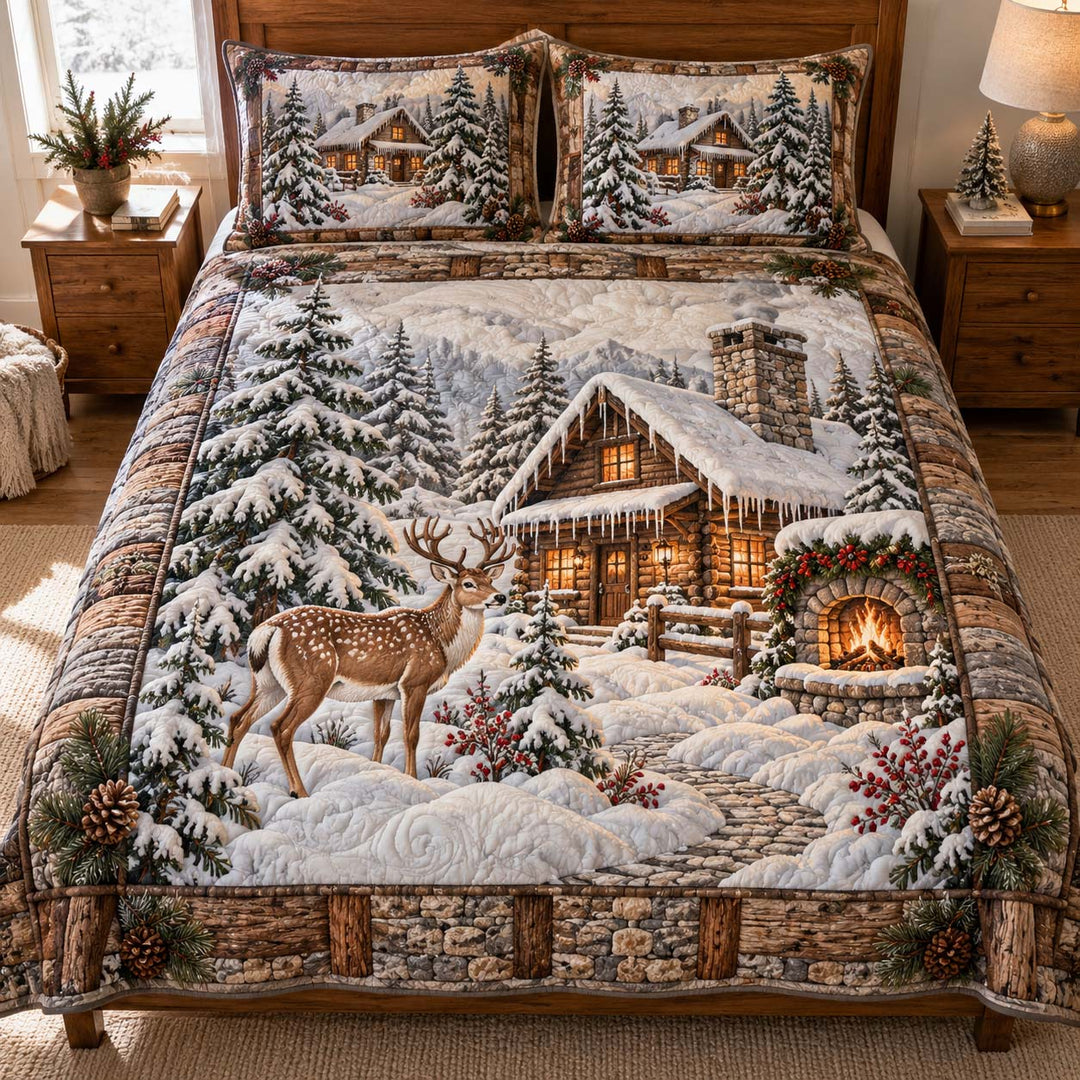 Cozy Winter Cabin Deer Bamboo Quilt Bedding Set