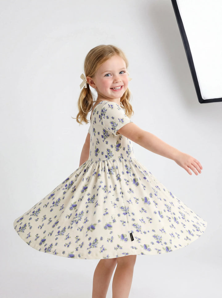 Tiny Blue Flower Meadow Bamboo Twirl Dress