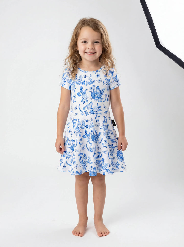 Vintage Blue Bird Toile Floral Bamboo Twirl Dress