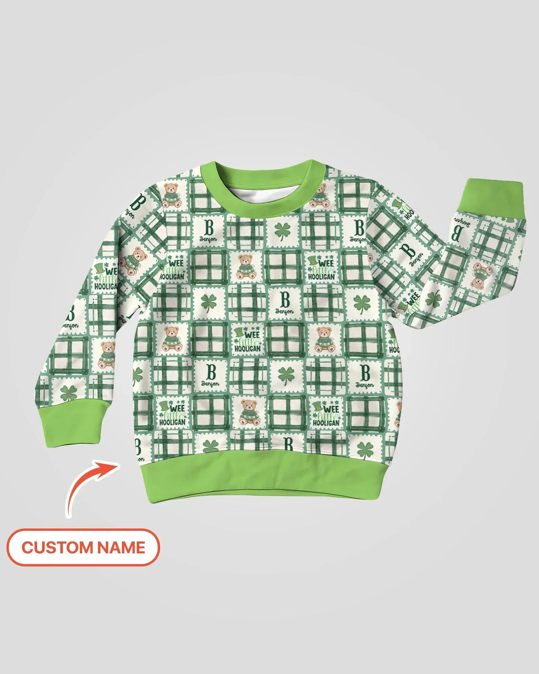 Custom Name Teddy Bear Gingham St. Patrick's Day Bamboo Crewneck Sweatshirt