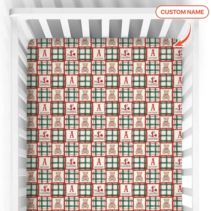 Custom Name Teddy Bear Gingham My 1st Christmas Bamboo Fitted Crib Sheet