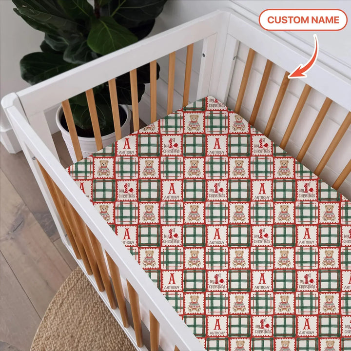 Custom Name Teddy Bear Gingham My 1st Christmas Bamboo Fitted Crib Sheet