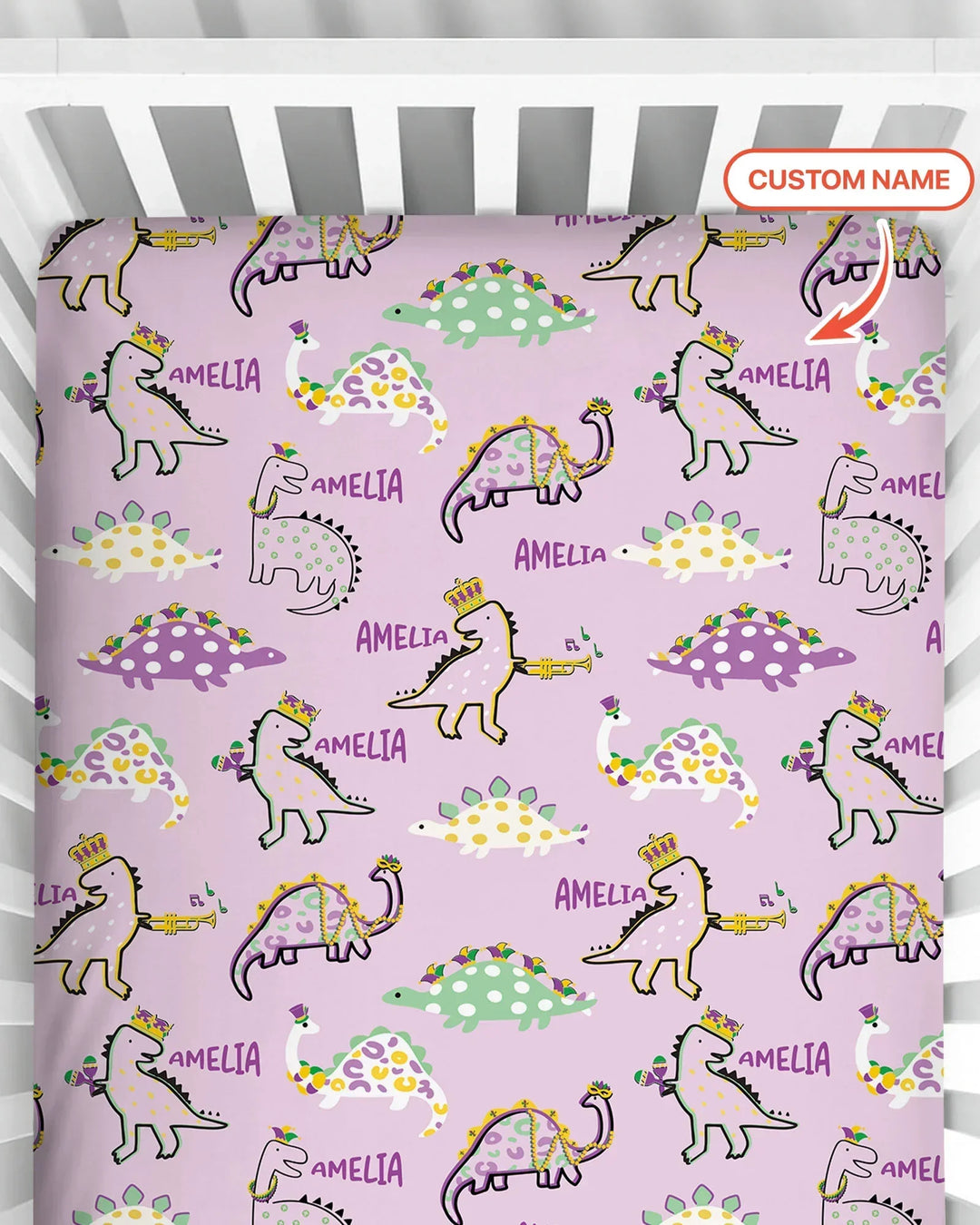 Custom Name Mardi Gras Saurus Bamboo Fitted Crib Sheet