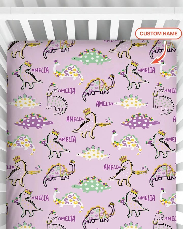 Custom Name Mardi Gras Saurus Bamboo Fitted Crib Sheet