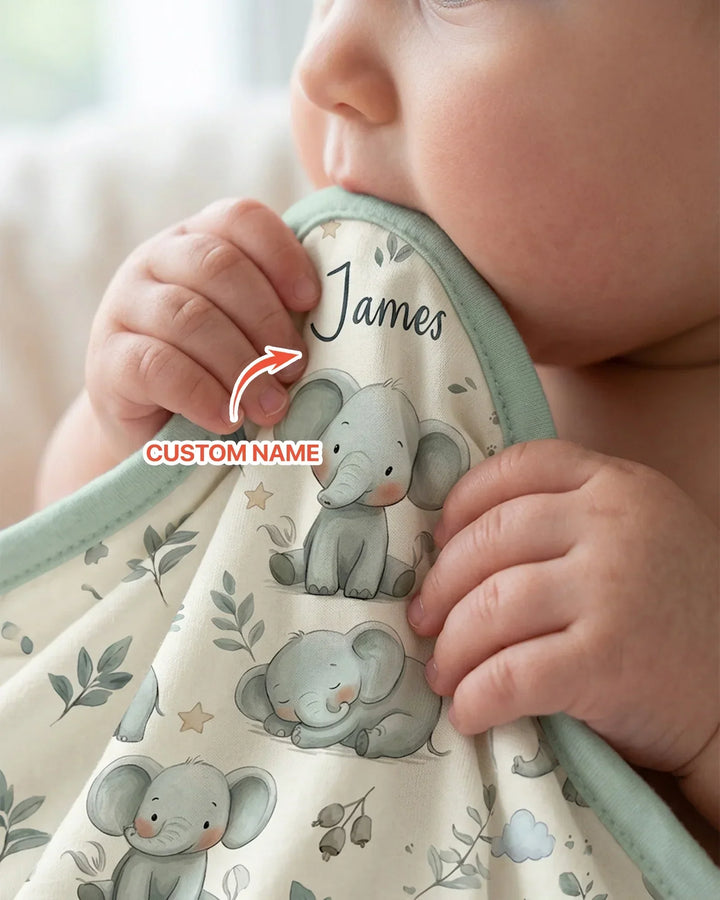 Custom Name Little Baby Elephant Bamboo Blanket