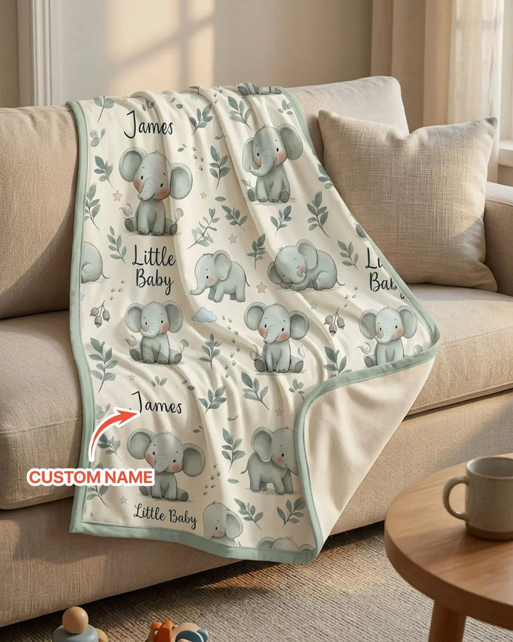 Custom Name Little Baby Elephant Bamboo Blanket