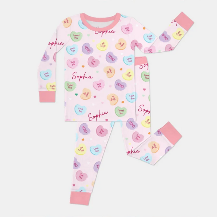 Custom Name Colorful Candy Hearts Family Matching Bamboo Two Piece Long Sleeve Pajama Set