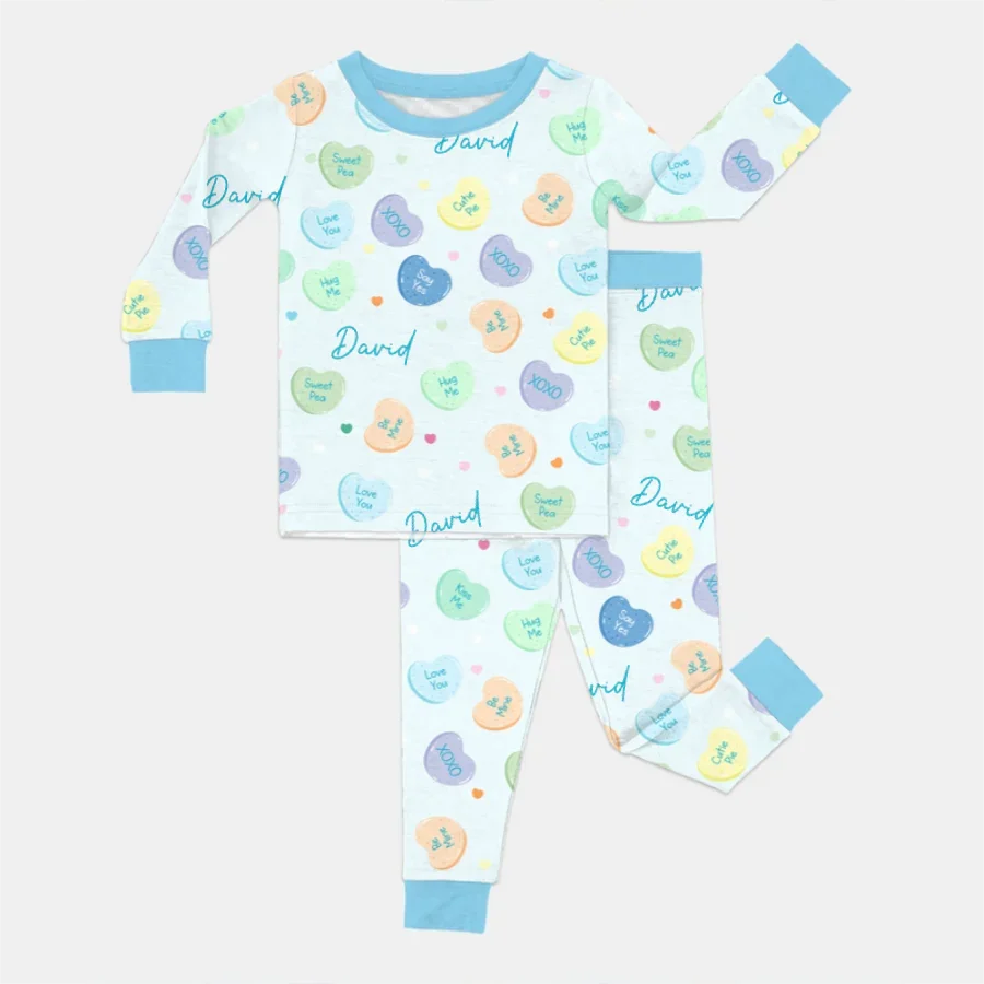 Custom Name Colorful Candy Hearts Family Matching Bamboo Two Piece Long Sleeve Pajama Set