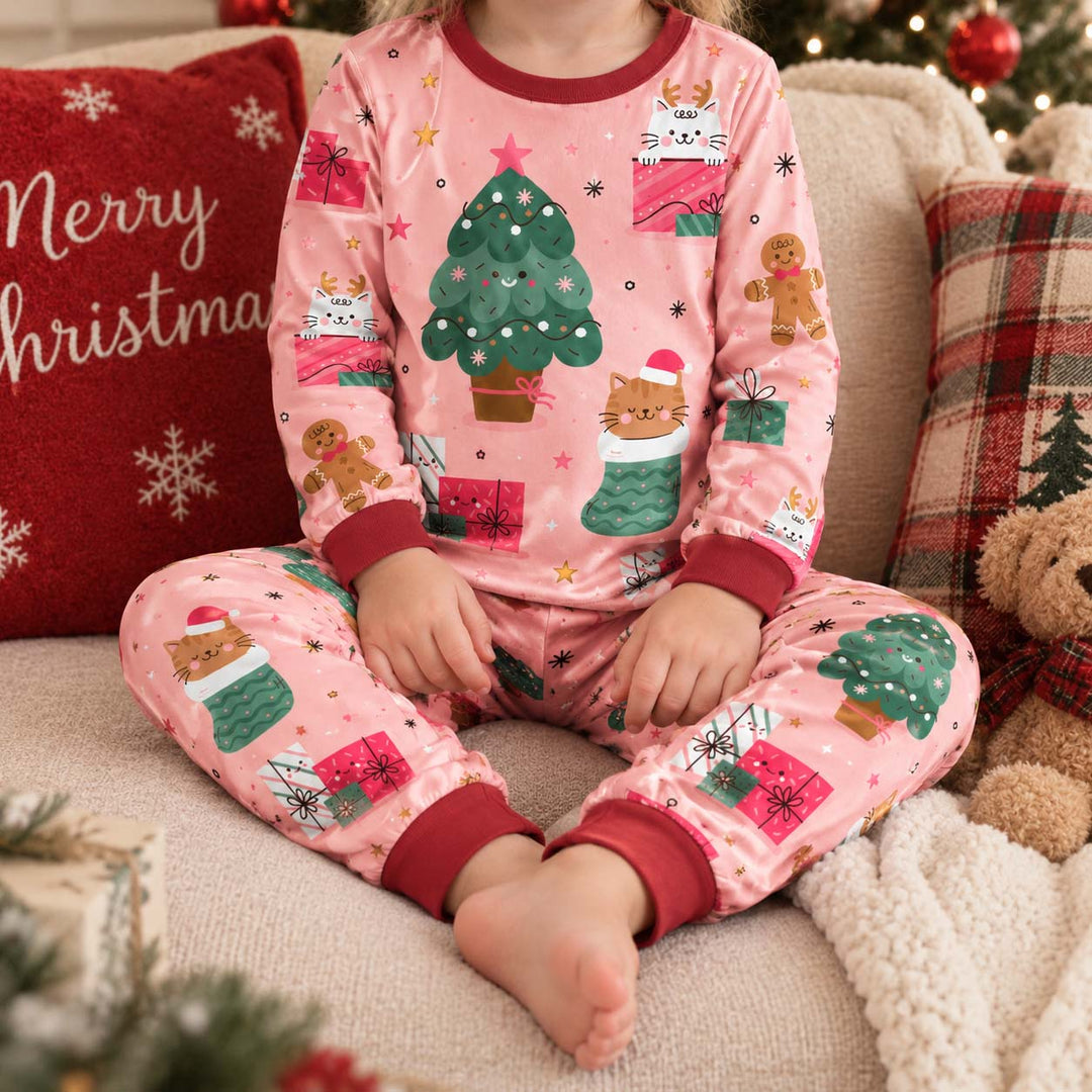 Cute Christmas Cats and Gifts Bamboo Two Piece Long Sleeve Pajama Set