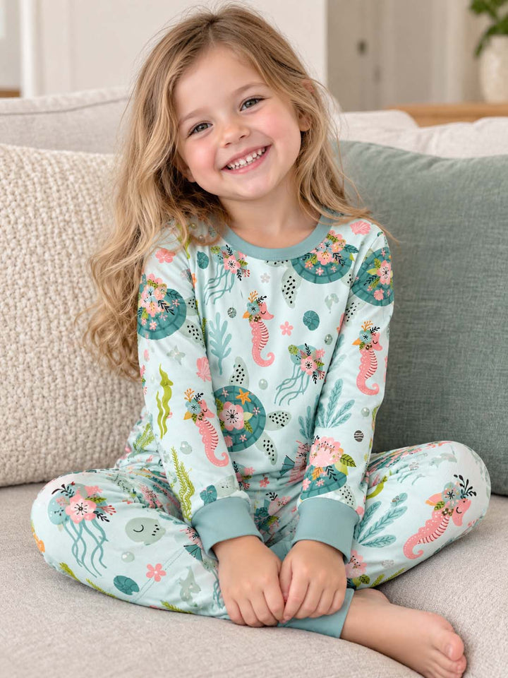 Cute Floral Sea Turtle Bamboo Two Piece Long Sleeve Pajama Set
