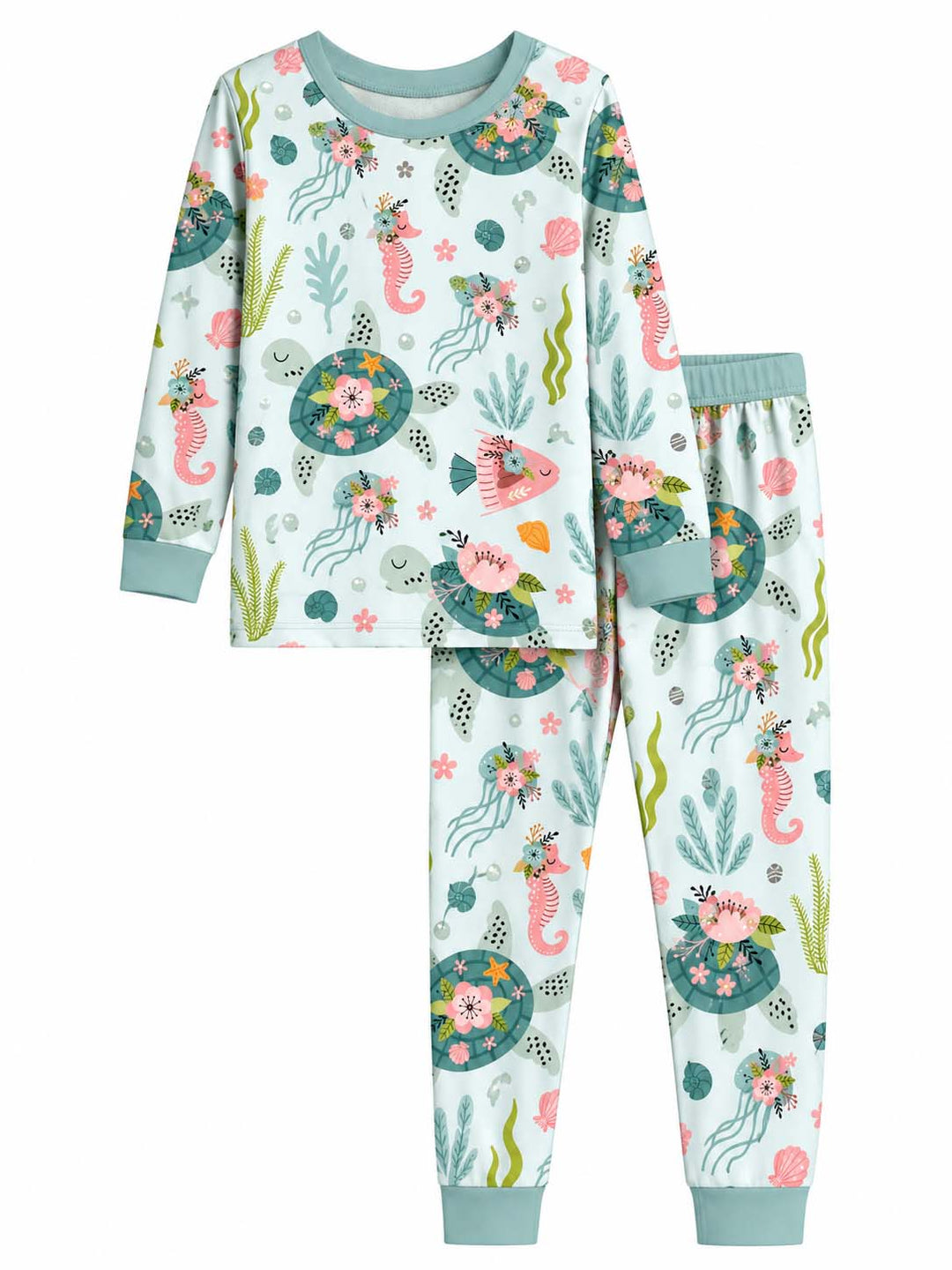 Cute Floral Sea Turtle Bamboo Two Piece Long Sleeve Pajama Set