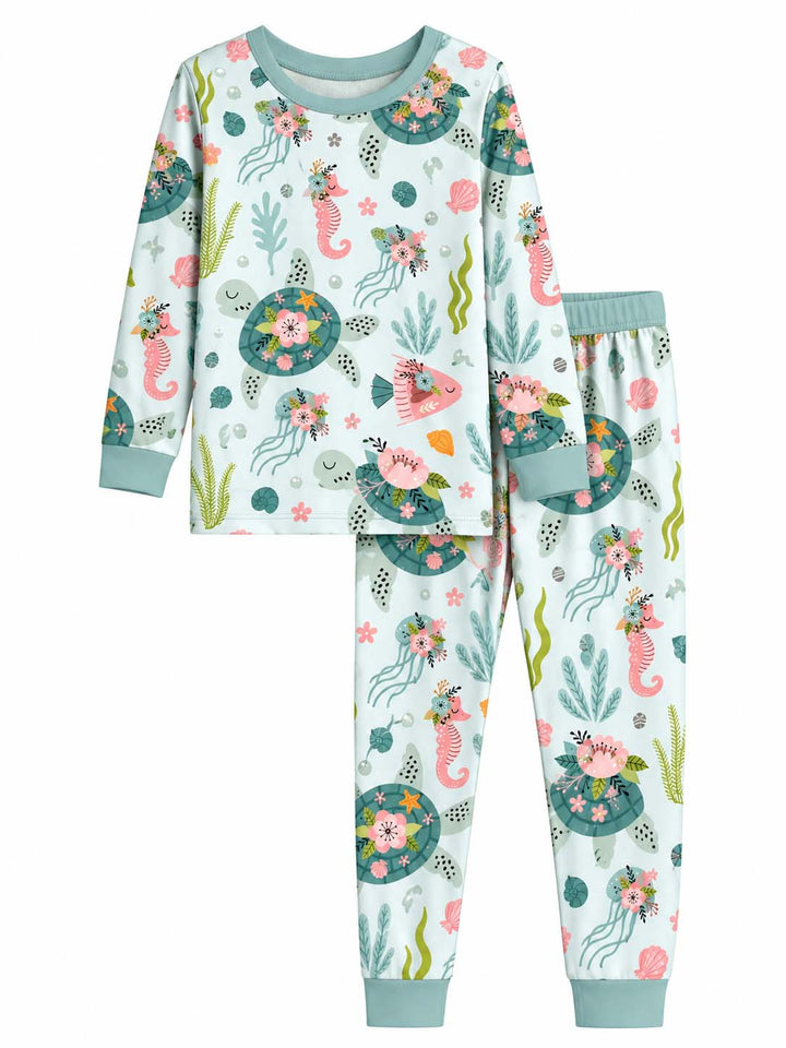 Cute Floral Sea Turtle Bamboo Two Piece Long Sleeve Pajama Set