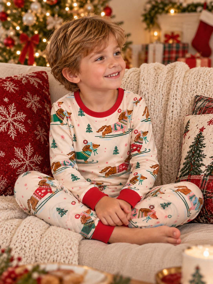 Dachshund Christmas Sledding Bamboo Two Piece Long Sleeve Pajama Set