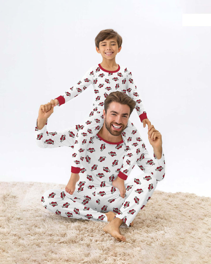 Old School Dad Hearts Daddy & Me Matching Bamboo Two Piece Long Sleeve Pajama Set
