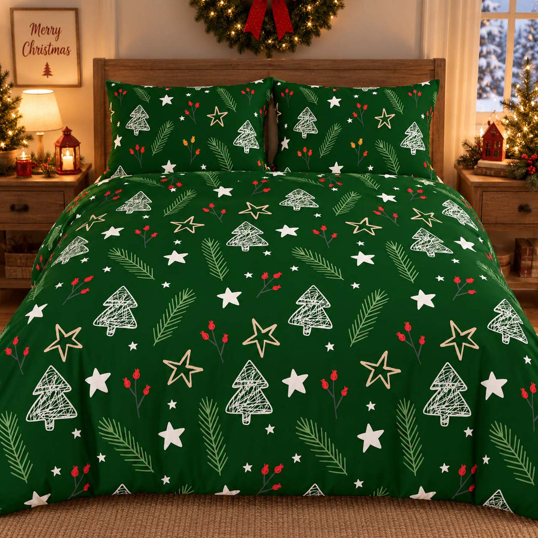 Dark Green Christmas Tree Doodles Bamboo Bedding Set