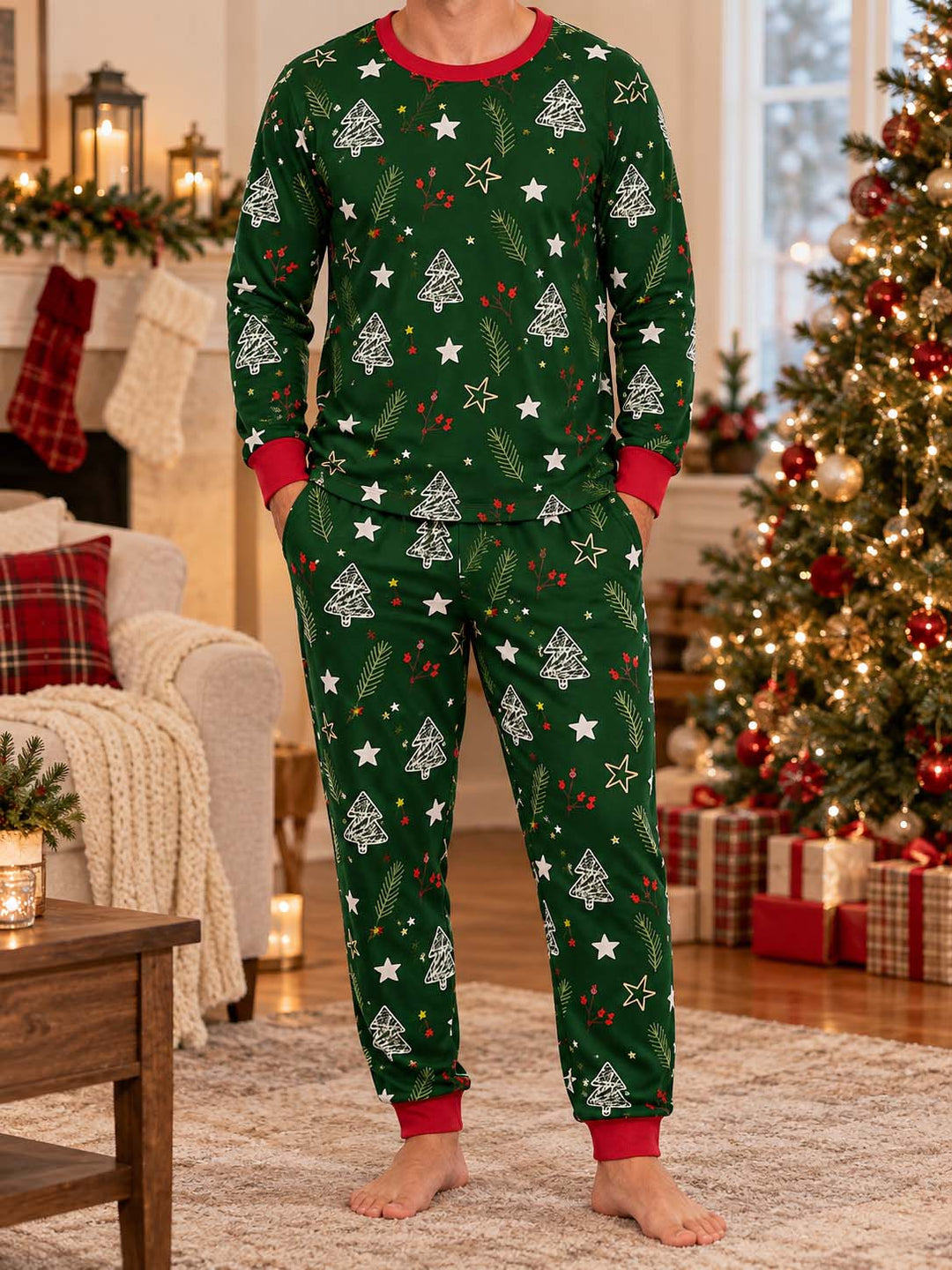 Dark Green Christmas Tree Doodles Bamboo Men's Pajama Set