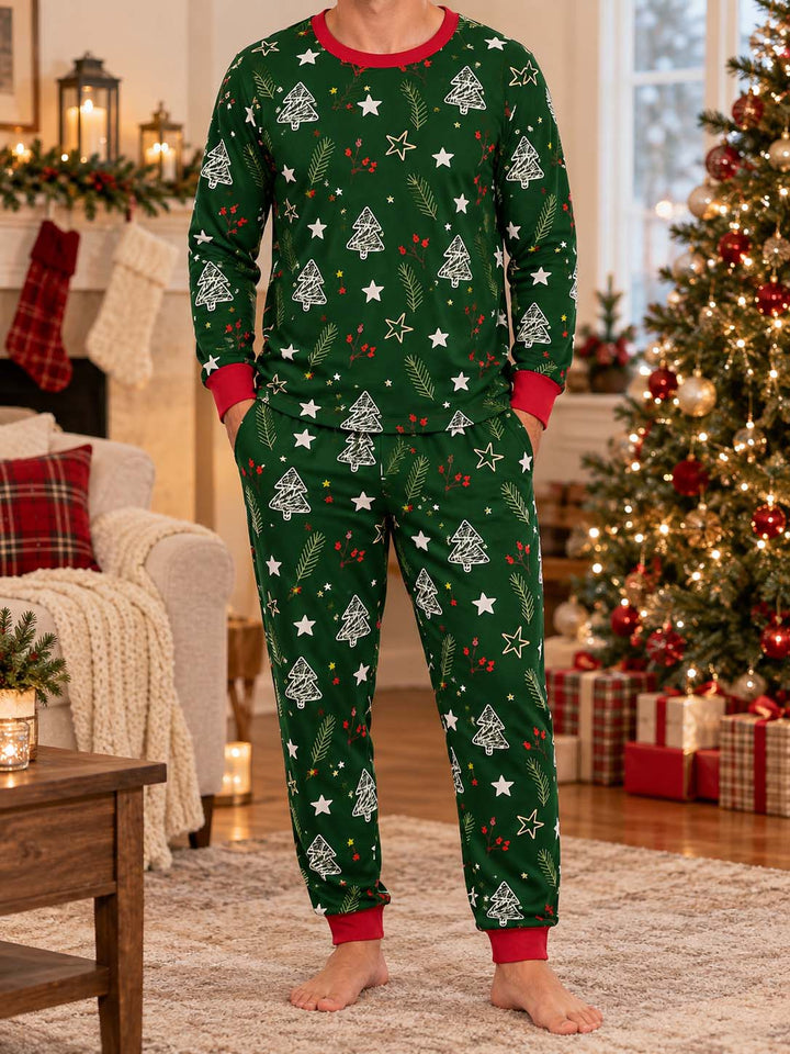 Dark Green Christmas Tree Doodles Bamboo Men's Pajama Set